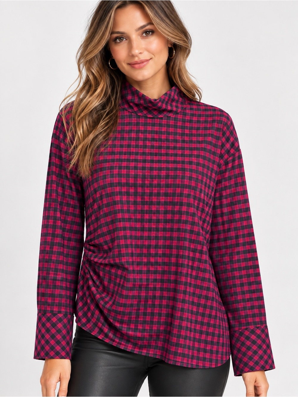 Zara Red & Black Gingham Ruched Button-Back Top